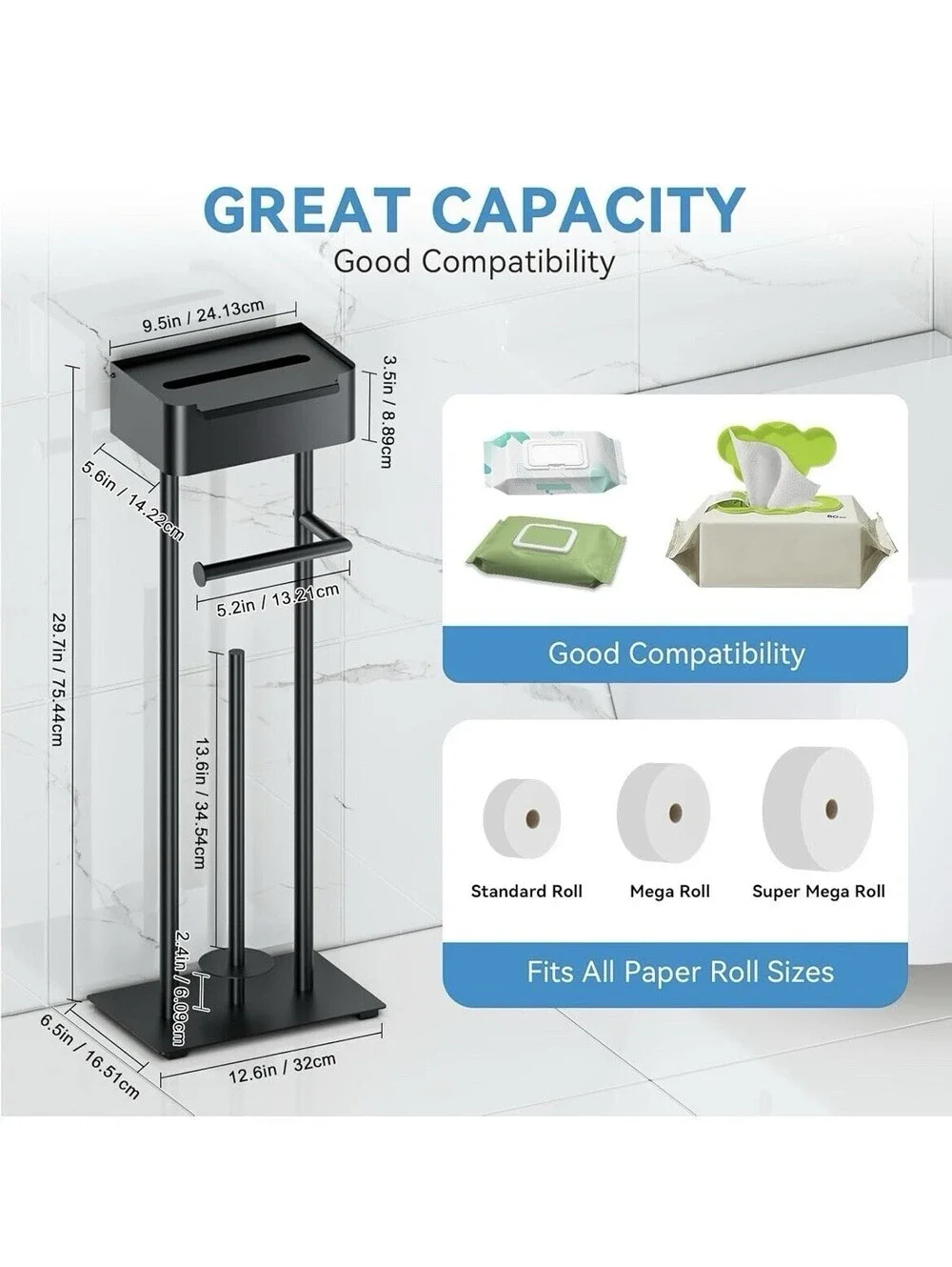 Stainless Steel TP Stand with Top Storage Shelf, Free Standing Heavy Duty